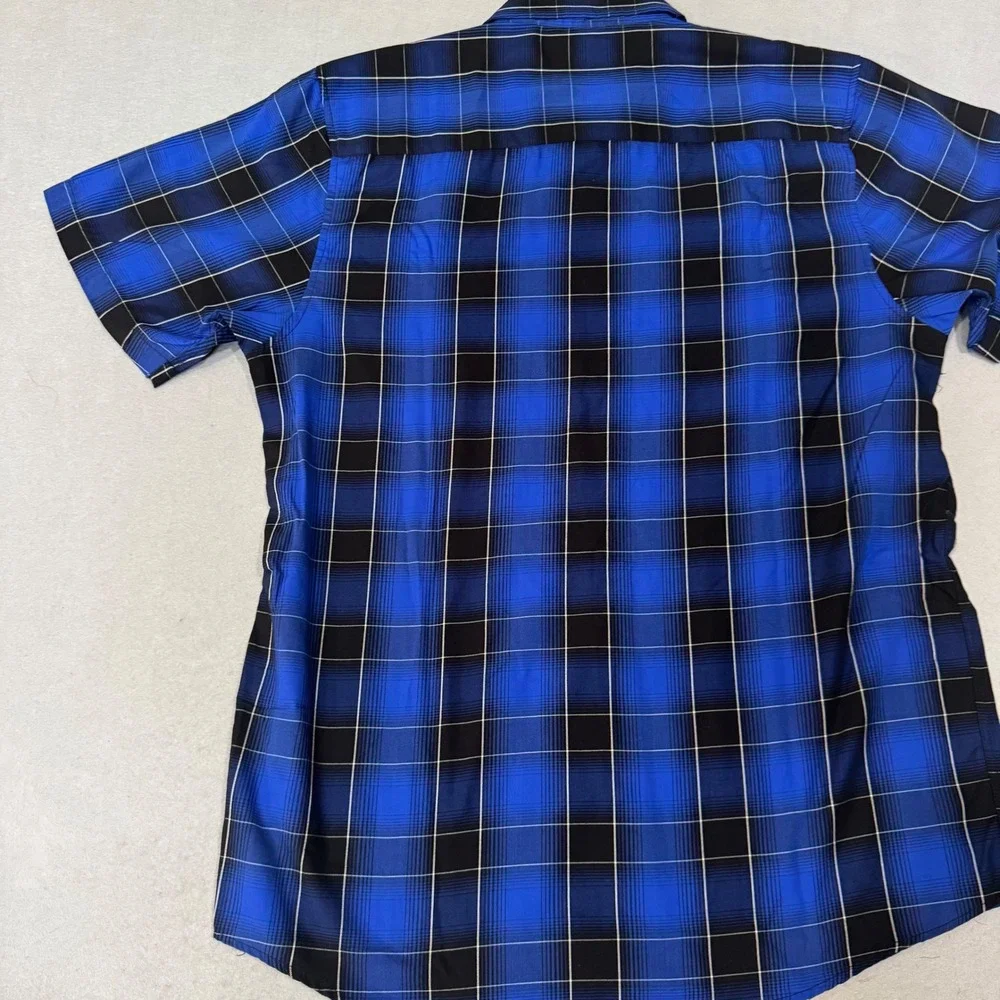 Dixxon The Cape Shirt Mens M Blue Black Plaid Bamboo Blend SS Button Up